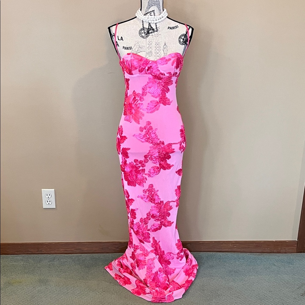 Peppermayo Pink Strapless Gown with Fuchsia Floral Appliqué